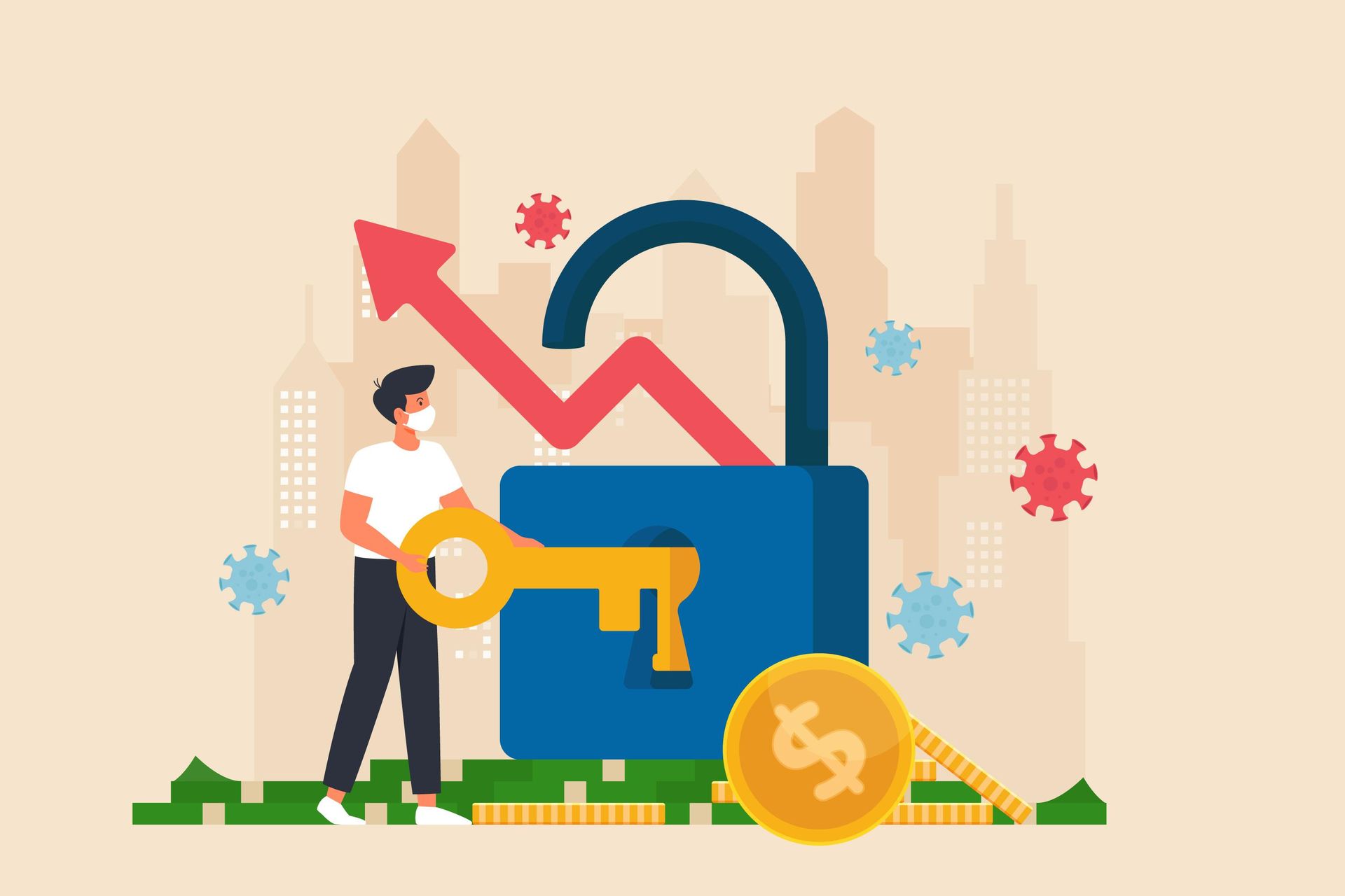 A vector illustration of a person unlocking a padlock with a key. This vector illustration depicts a person engaged in the act of unlocking a padlock using a key. The person is shown holding the key in one hand and inserting it into the keyhole of the padlock, while their other hand stabilizes the padlock. The scene conveys a sense of action and purpose, as the individual works to secure or access something protected by the lock. The image may symbolize concepts such as security, access, opportunity, or problem-solving. The style is clean and simple, with clear lines and vibrant colors, making it suitable for various design purposes such as security-related graphics, presentations, or educational materials.