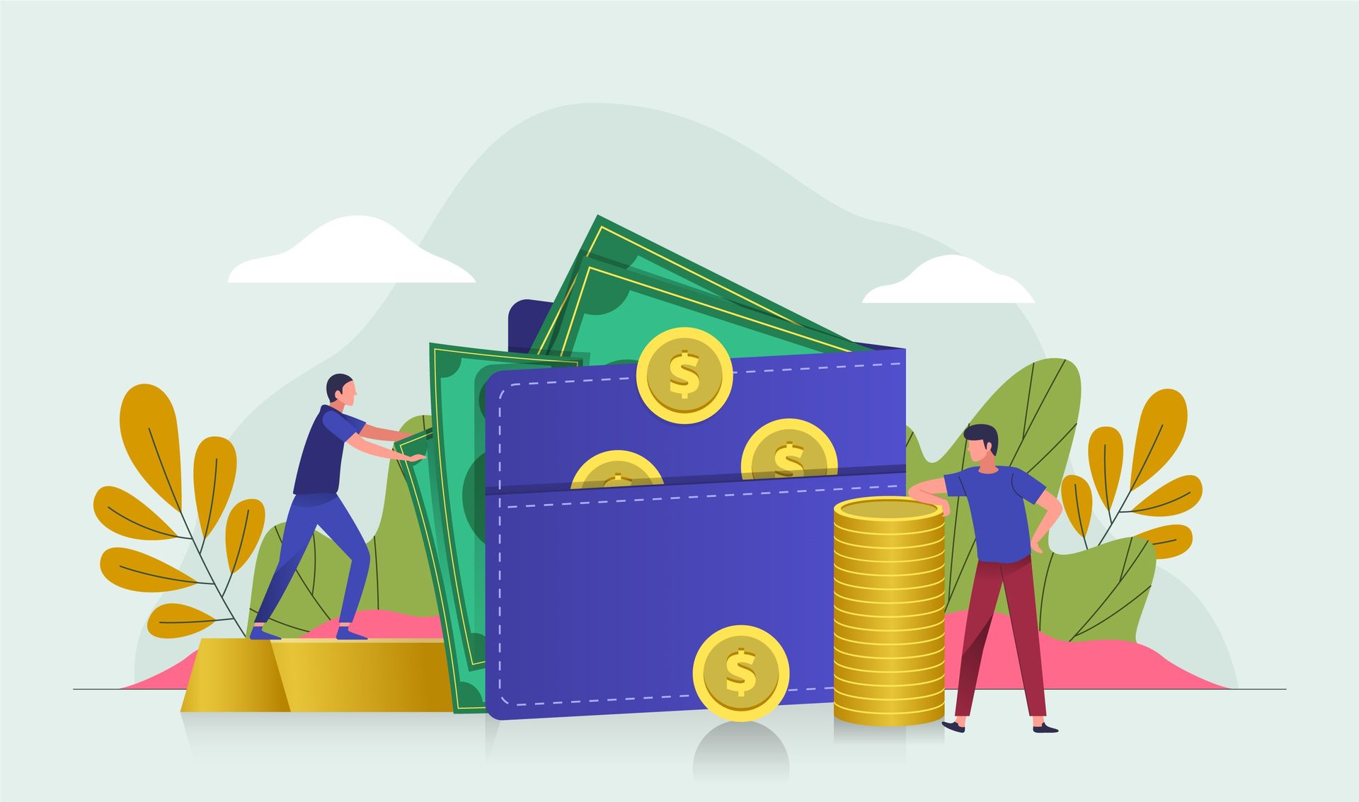 A vector illustration of a person putting money into a wallet while another person stands nearby. This vector illustration depicts a scene of financial transaction and interaction. One person is shown inserting money into a wallet held open in their hand, symbolizing the act of saving or managing finances. Beside them, another person stands, observing the transaction. The image conveys themes of financial responsibility, collaboration, and perhaps mentorship or guidance in managing money. The style is clean and modern, with clear lines and vibrant colors, making it suitable for various financial-related designs such as budgeting tools, financial education materials, or banking advertisements.