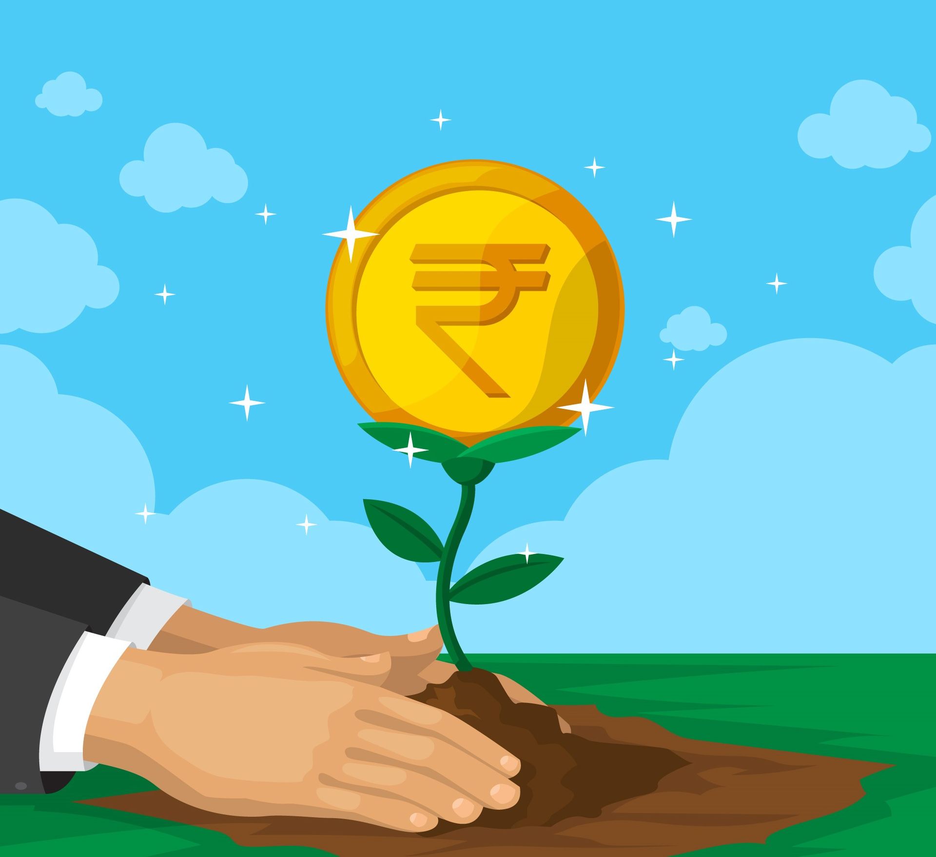 A vector illustration of hands planting a seedling, which grows into a gold coin plant. This vector illustration depicts a symbolic scene of growth and prosperity. Two hands are shown planting a small seedling into the soil, representing the initial investment or effort. As the plant grows, it transforms into a gold coin, symbolizing financial success and wealth accumulation. The image conveys themes of investment, nurturing, and reaping the rewards of one's efforts over time. The style is dynamic and engaging, with vibrant colors and clear details, making it suitable for various financial or investment-related designs, such as investment promotions, financial planning materials, or wealth management advertisements.